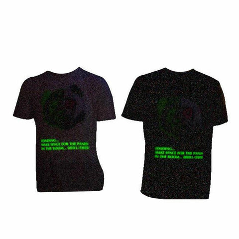 the glitch in the system premium cotton t shirt. chenille embroidery, pvc patch and branded labels. Also has text on front in glow in the dark ink
