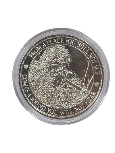 This 1ozt. .999 Fine Silver medal is a tribute to the military sniper coin